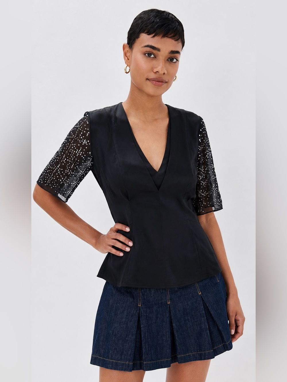 Rebecca Taylor Black Silk Top Studded Sheer
